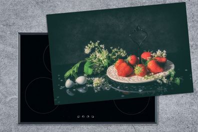 Herdabdeckplatte - 80x52 cm - Erdbeeren - Malerei - Stillleben - Blumen - Ei - Teller