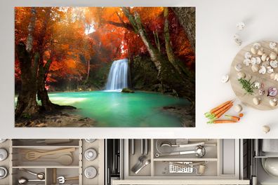 Herdabdeckplatte - 78x52 cm - Herbst - Wasserfall - Wald