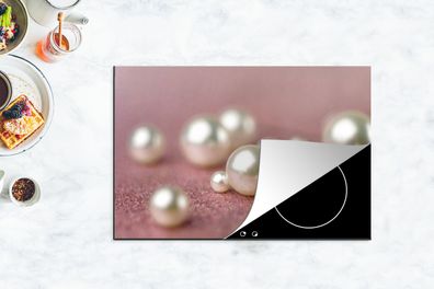 Herdabdeckplatte - 78x52 cm - Weiße Perlen auf rosa Hintergrund