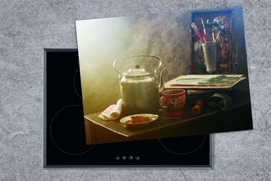 Herdabdeckplatte - 70x52 cm - Stilleben - Teekanne - Malerei - Skizzenbuch - Kunst
