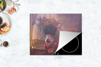Herdabdeckplatte - 65x52 cm - Stilleben - Malerei - Vase mit Blumen - Obst - Apfel -