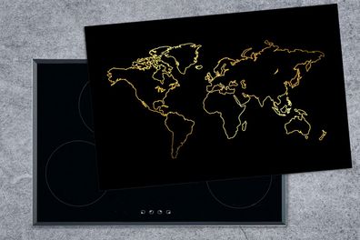 Herdabdeckplatte - 80x52 cm - Goldene Weltkarte auf schwarzem Hintergrund