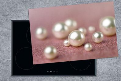 Herdabdeckplatte - 80x52 cm - Weiße Perlen auf rosa Hintergrund