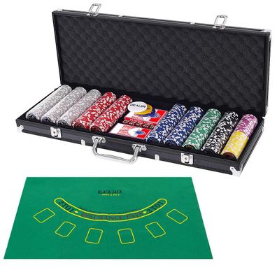 500 Laser-Chips Pokerset, Poker Komplett Set mit Chips 2 Spielkarten 5 Würfel, Kasino
