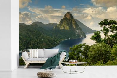 Fototapete - 600x400 cm - Blick auf eine mit tropischem Regenwald bedeckte Berglandsc