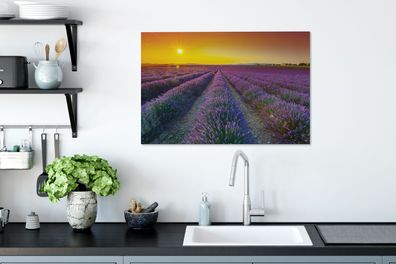 Leinwandbilder - 60x40 cm - Oranger Sonnenuntergang über einem Feld voller Lavendel
