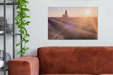 Leinwandbilder - 90x60 cm - Sonnenaufgang über einem Lavendelfeld (Gr. 90x60 cm)