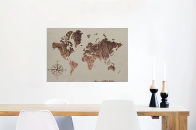 Glasbilder - 90x60 cm - Weltkarte - Holz - Windrose (Gr. 90x60 cm)