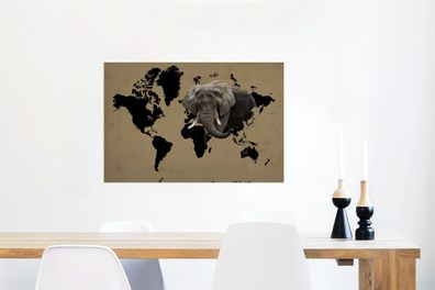 Glasbilder - 90x60 cm - Weltkarte - Schwarz - Elefant (Gr. 90x60 cm)