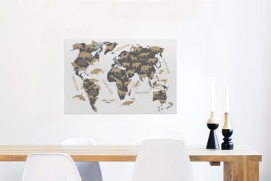 Glasbilder - 90x60 cm - Weltkarte - Grau - Tiere (Gr. 90x60 cm)