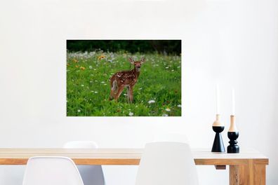Glasbilder - 90x60 cm - Hirsche - Blumen - Wald (Gr. 90x60 cm)