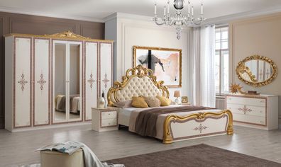 Schlafzimmer Set Grace 160x200 cm 6türiger Kleiderschrank in Beige / Gold / Rot Braun