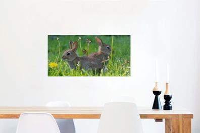 Glasbilder - 120x60 cm - Kaninchen - Blumen - Gras (Gr. 120x60 cm)