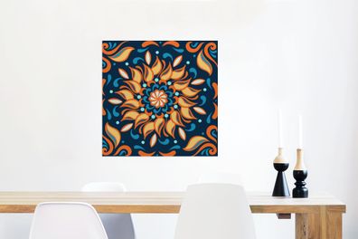 Glasbilder - 50x50 cm - Sonnenblumen - Blätter - Orange - Blau (Gr. 50x50 cm)