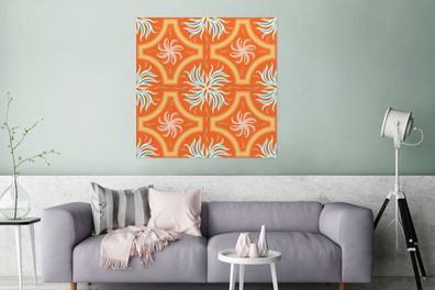 Glasbilder - 90x90 cm - Blumen - Rahmen - Orange - Muster (Gr. 90x90 cm)