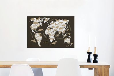 Glasbilder - 90x60 cm - Weltkarte - Tiere - Beige (Gr. 90x60 cm)