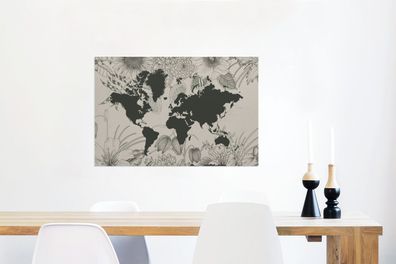 Glasbilder - 90x60 cm - Weltkarte - Blumen - Grau (Gr. 90x60 cm)