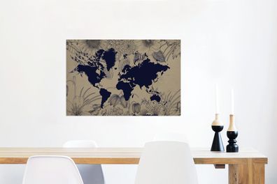 Glasbilder - 90x60 cm - Weltkarte - Blumen - Blau (Gr. 90x60 cm)