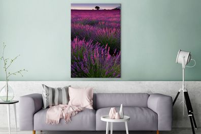 Leinwandbilder - 90x140 cm - Sonnenuntergang beleuchtet Lavendelfeld in Frankreich