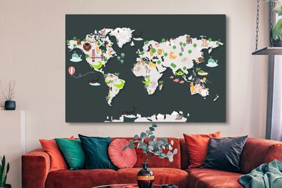 Leinwandbilder - 150x100 cm - Weltkarte - Tiere - Grau (Gr. 150x100 cm)