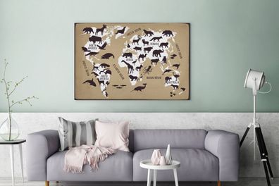 Leinwandbilder - 140x90 cm - Weltkarte - Tiere - Braun (Gr. 140x90 cm)