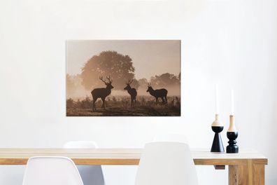Leinwandbilder - 60x40 cm - Hirsche - Nebel - Wald (Gr. 60x40 cm)