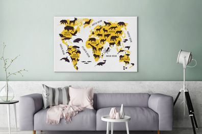 Leinwandbilder - 140x90 cm - Weltkarte - Gelb - Tiere (Gr. 140x90 cm)