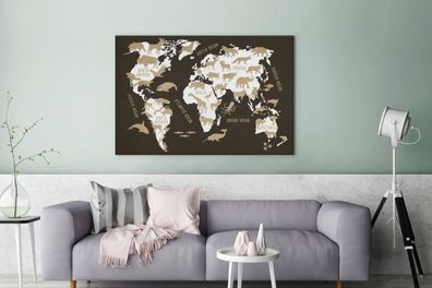 Leinwandbilder - 120x80 cm - Weltkarte - Tiere - Beige (Gr. 120x80 cm)