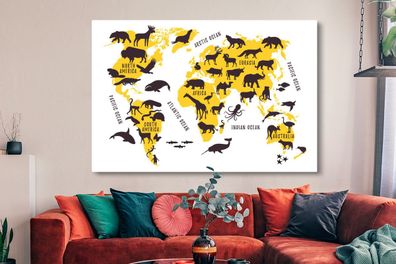 Leinwandbilder - 150x100 cm - Weltkarte - Gelb - Tiere (Gr. 150x100 cm)