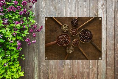 Gartenposter - 40x30 cm - Holzlöffel mit Kaffeebohnen auf braunem Hintergrund