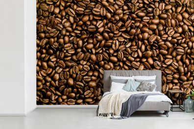 Fototapete - 390x260 cm - Hellbraune Kaffeebohnen in einem Stapel (Gr. 390x260 cm)