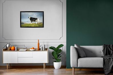 Poster - 60x40 cm - Kuh - Schwarz - Gras - Tiere (Gr. 60x40 cm)