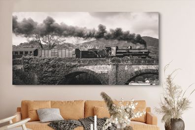 Leinwandbilder - 160x80 cm - Schwarz-weiße Illustration einer Dampflokomotive