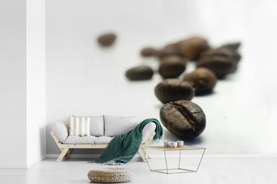Fototapete - 420x280 cm - Tiefenfoto einer Reihe von Kaffeebohnen auf weißem Hintergr