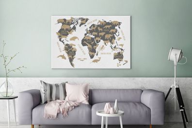 Leinwandbilder - 120x80 cm - Weltkarte - Grau - Tiere (Gr. 120x80 cm)