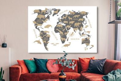 Leinwandbilder - 150x100 cm - Weltkarte - Grau - Tiere (Gr. 150x100 cm)