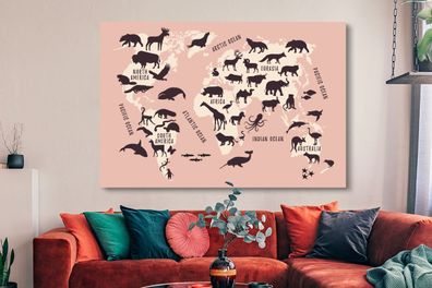 Leinwandbilder - 150x100 cm - Weltkarte - Rosa - Tiere (Gr. 150x100 cm)