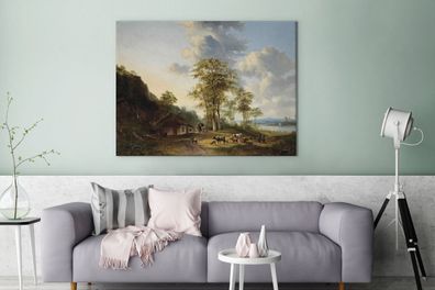Leinwandbilder - 120x90 cm - Flusslandschaft mit Bauern und Vieh - Gemälde von G.J.J