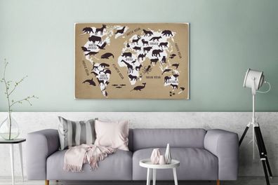 Leinwandbilder - 140x90 cm - Weltkarte - Sepia - Tiere (Gr. 140x90 cm)