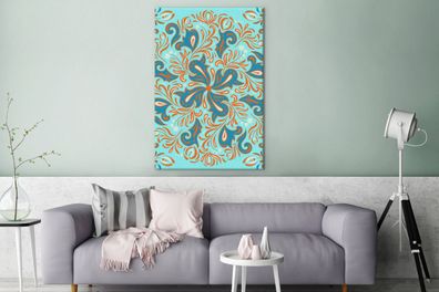Leinwandbilder - 90x140 cm - Blumen - Blau - Orange - Muster (Gr. 90x140 cm)
