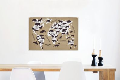 Leinwandbilder - 90x60 cm - Weltkarte - Sepia - Tiere (Gr. 90x60 cm)