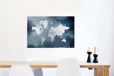 Leinwandbilder - 90x60 cm - Weltkarte - Aquarell - Blau (Gr. 90x60 cm)
