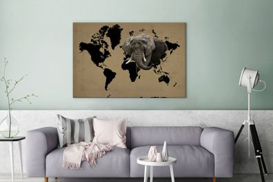 Leinwandbilder - 140x90 cm - Weltkarte - Schwarz - Elefant (Gr. 140x90 cm)