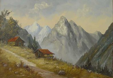 Hütte in den Bergen/ Alpenpanorama/ Ölbild/ Bild/ Gemälde/ signiert (Gr. Mittel)