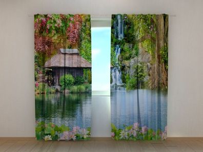 Fotogardine Wasserfall im Frühling, Vorhang mit Motiv, Digitaldruck, Gardine auf Maß