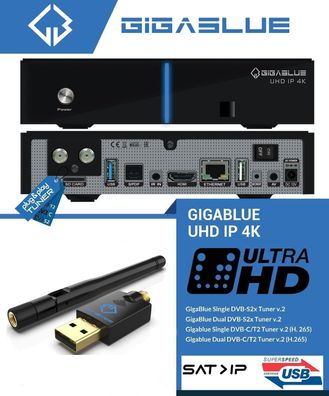 GigaBlue UHD IP 4K USB HDMI SD Karte 1x DVB-S2X Single Tuner + Wlan USB 600 Mbit/ s