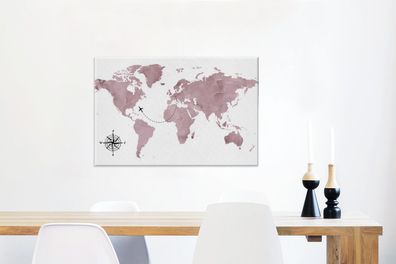 Leinwandbilder - 60x40 cm - Weltkarte - Rosa - Windrose (Gr. 60x40 cm)