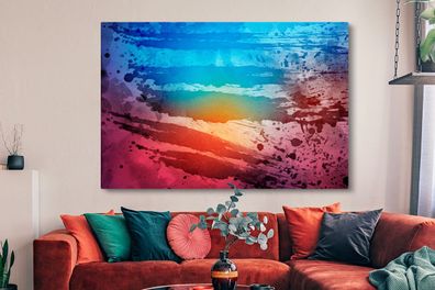 Leinwandbilder - 150x100 cm - Aquarell - Sonnenuntergang - Blau - Rot