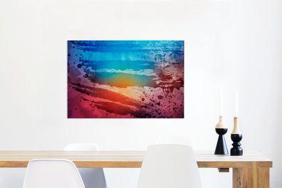 Leinwandbilder - 90x60 cm - Aquarell - Sonnenuntergang - Blau - Rot (Gr. 90x60 cm)