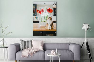 Leinwandbilder - 90x140 cm - Katze - Blumen - Tisch (Gr. 90x140 cm)